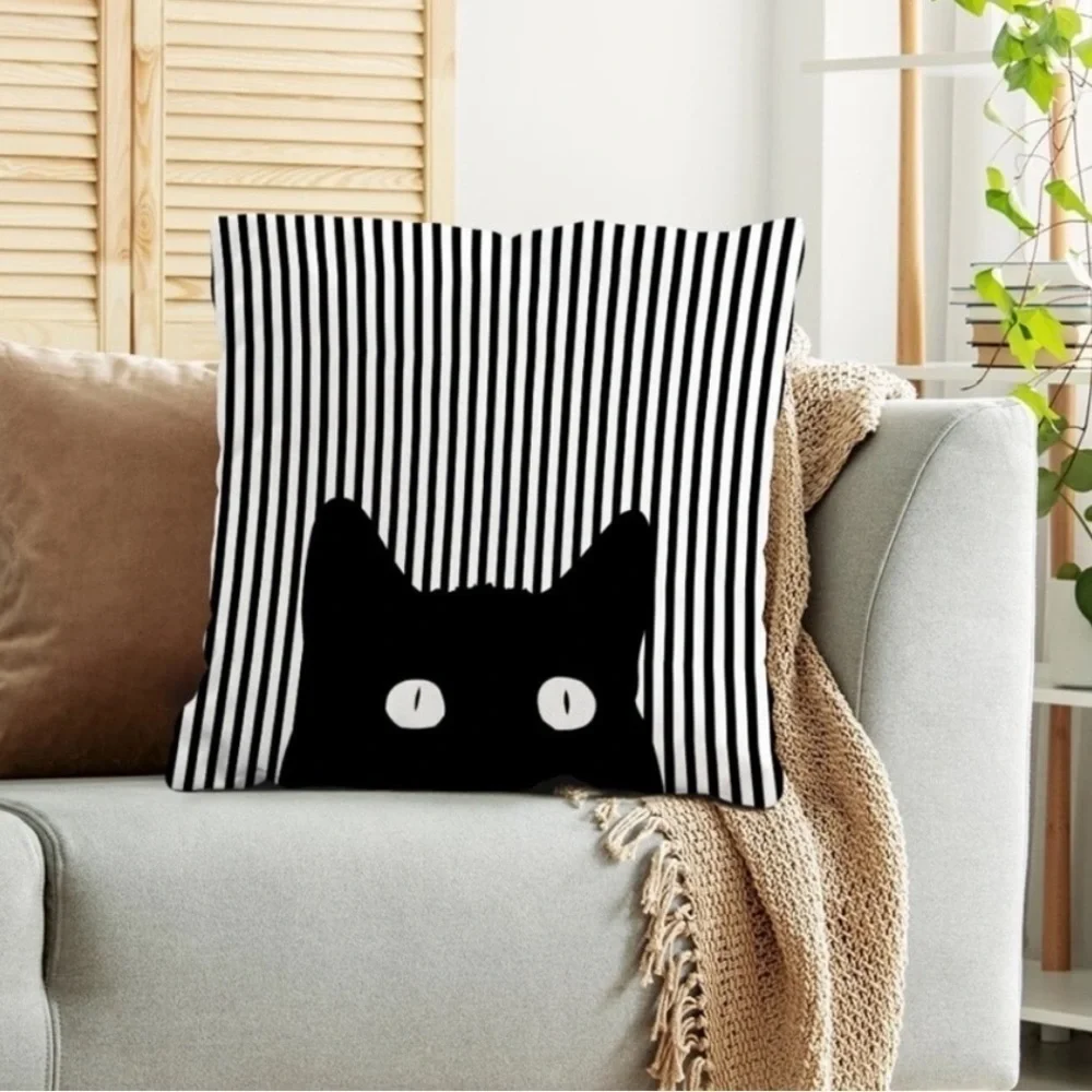 Cat Theme Pillow Cover Zippered Decorative Square Black White 17.7 in X 17.7 in